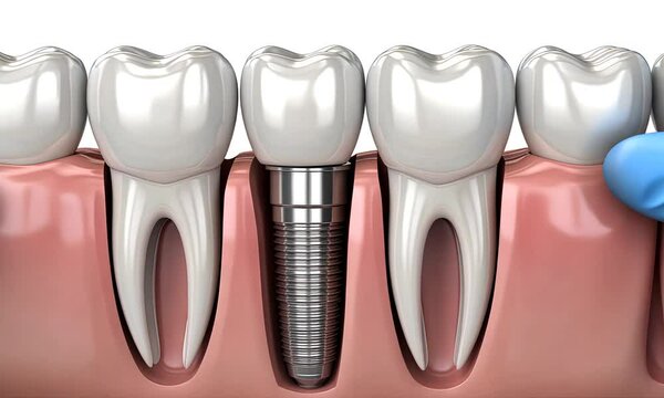This segment showcases the detailed process of inserting a dental implant between two natural teeth, highlighting precise techniques