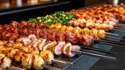 Grilled meat skewers with a variety of flavors and textures on a barbecue grill, AI