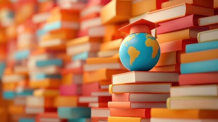 Globe wearing a graduation cap sits atop a stack of colorful books, symbolizing global education and knowledge, AI