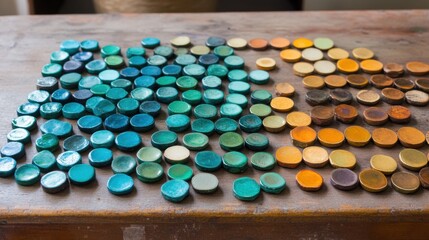 Colorful ceramic tiles arranged in a gradient pattern on a wooden surface, AI