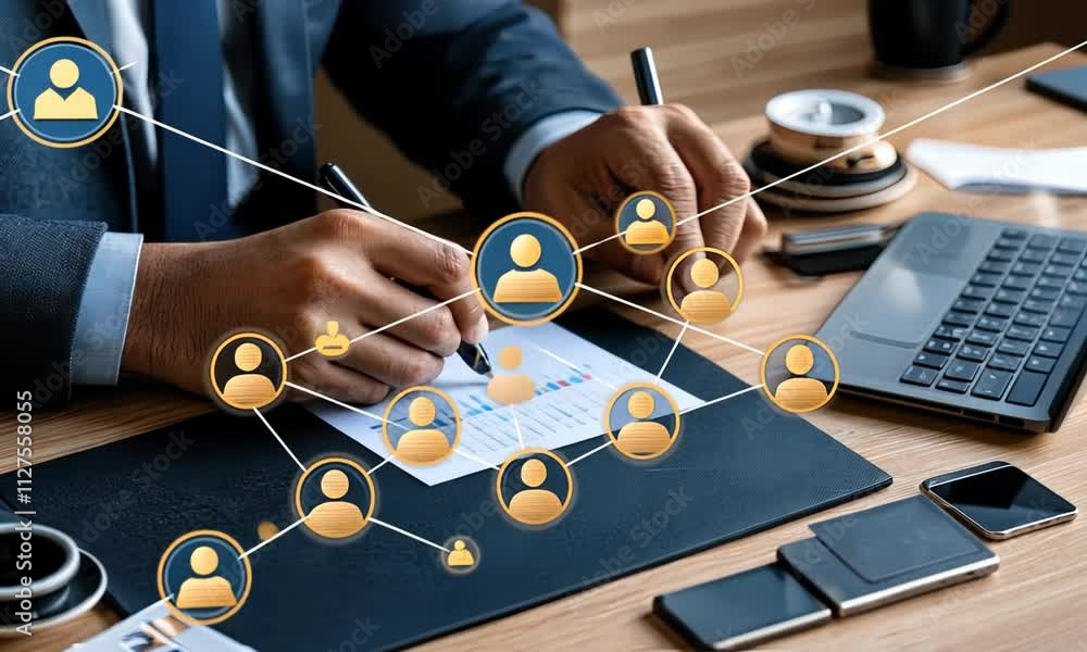 Poster a professional engages in data-driven networking strategies using charts and digital tools while sea