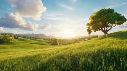 Obraz premium Sunny landscape with lush green fields, a solitary tree, and a bright blue sky, AI