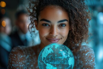 Naklejka premium A woman holds a glowing orb in front of her face, illuminated by the soft light