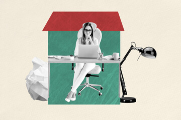 Contemporary poster trend art collage of happy freelance businesswoman sit home remote work table...