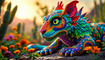 Vibrant Alebrije on Desert Terrain
