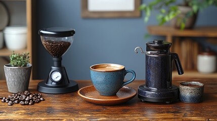 A cozy coffee setup featuring a grinder, cup, and brewing equipment on a wooden table.
