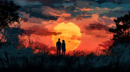 A silhouette of two people watching a vibrant sunset over a grassy landscape.