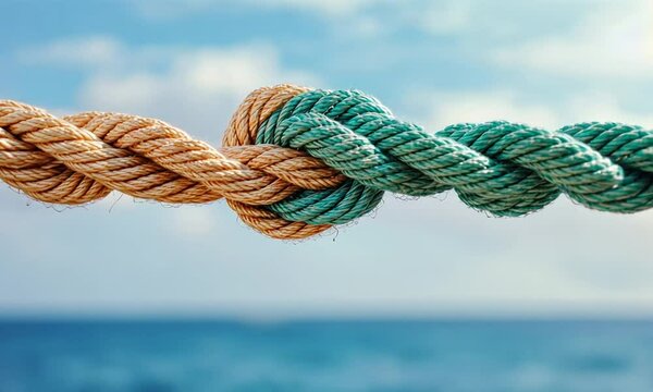 Two ropes tied together in a knot against a blurred ocean background.