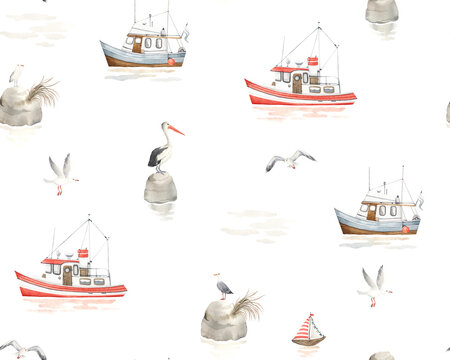 Nautical seamless pattern with boats and sea birds. Watercolor hand-drawn sea landscape, minimalist illustration for textile, wallpaper and background.