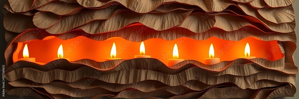Poster row of flickering candles illuminate unique paper art design, creating cozy and inviting atmosphere