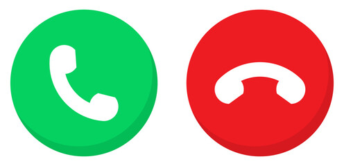 Phone calling icon. Set of green and red phone call icon button. Accept and decline, answering and rejecting phone call icon button. Mobile phone incoming call sign symbol. Vector illustration.