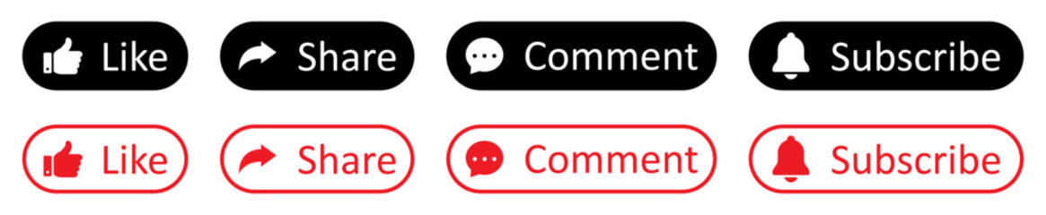 Like, Share, subscribe and comment icons buttons set with red and black color isolated. Like, thumb up, comment, repost and share icon. Social media icons flat and outline style. Vector illustration.