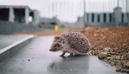 Lonely scene of a hedgehog wandering around with no place to go near a construction site