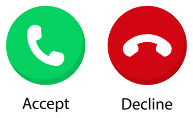 Phone calling icon. Set of green and red phone call icon button. Accept and decline, answering and rejecting phone call icon button. Mobile Phone incoming call sign symbol. Vector illustration.