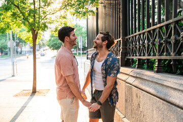 Affectionate gay couple enjoying a sunny city walk