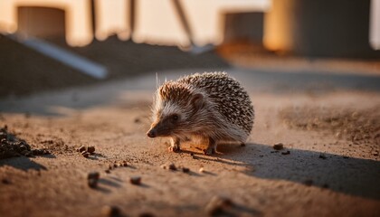 Lonely scene of a hedgehog wandering around with no place to go near a construction site