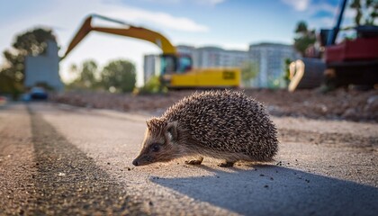 Lonely scene of a hedgehog wandering around with no place to go near a construction site