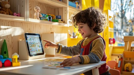 Child around 5 years old sitting at a small desk, excitedly pointing at a tablet screen