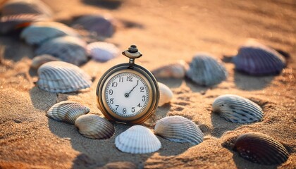 砂浜に静かに置かれた懐中時計、貝殻と共に静寂を演出
