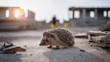 Lonely scene of a hedgehog wandering around with no place to go near a construction site