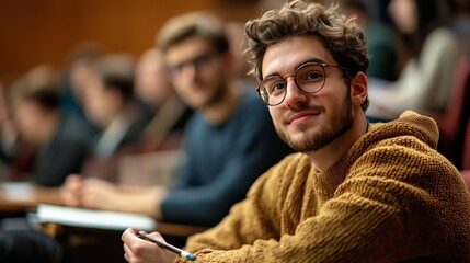 Male student taking notes during a university lecture, focused expression, professor in background giving a lesson, cozy classroom setting