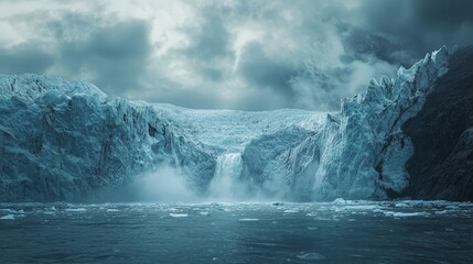 Naklejka premium Melting glacier with water flowing into the ocean, dramatic lighting and vast landscape, capturing the urgency and impact of climate change