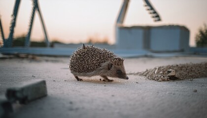 Lonely scene of a hedgehog wandering around with no place to go near a construction site