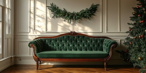 Obraz premium Vintage Christmas Scene, Green Velvet Sofa with Holly Garland, Living Room Setting, for Interior Design Advertisements and Lifestyle Magazine Features