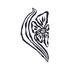 Black and white minimal abstract inky line art flower. Monochrome sketchy textured loose floral doodles. Hand drawn botanical abstraction