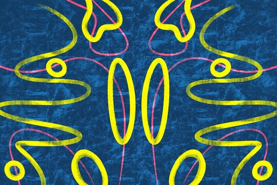 Vibrant abstract shapes on distressed blue background