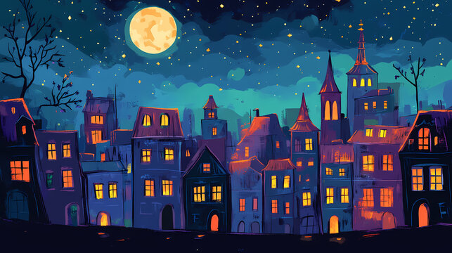 Luminous cityscape under a starry night sky illusion. Celestia. Illustration