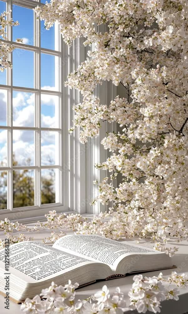 Poster An open book rests on a table, bathed in natural light from a window adorned with blooming flowers, creating a serene atmosphere