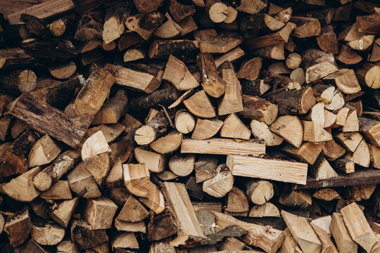 Stacked firewood presenting a rustic outdoor scene