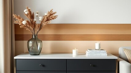 A minimalist living room interior with wooden stripes commode, books, glass vase, dried flowers, candle, and stylish accessories, dried flowers, accessories