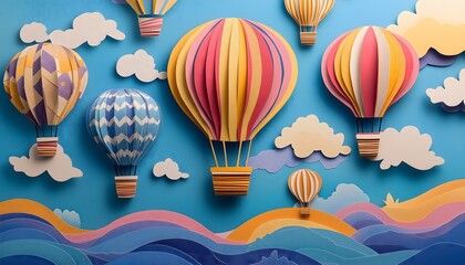 Vibrant paper cut illustration of colorful hot air balloons on a blue sky