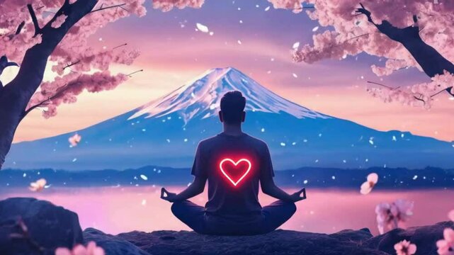 Meditative Mountain Bliss: A serene figure meditating by a tranquil lake with Mount Fuji in the distance.