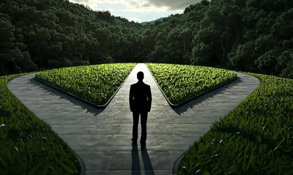 A businessman stands at a fork in the road, symbolizing a crucial decision. Lush greenery surrounds the path.