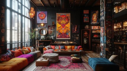 Naklejka premium Art Nouveau loft with bold, eclectic decor.