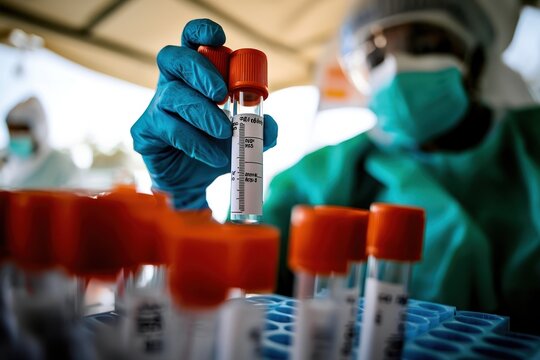 Medical workers conduct vital analyses in a lab during a coronavirus outbreak, with a focus on advanced testing and health monitoring technology.