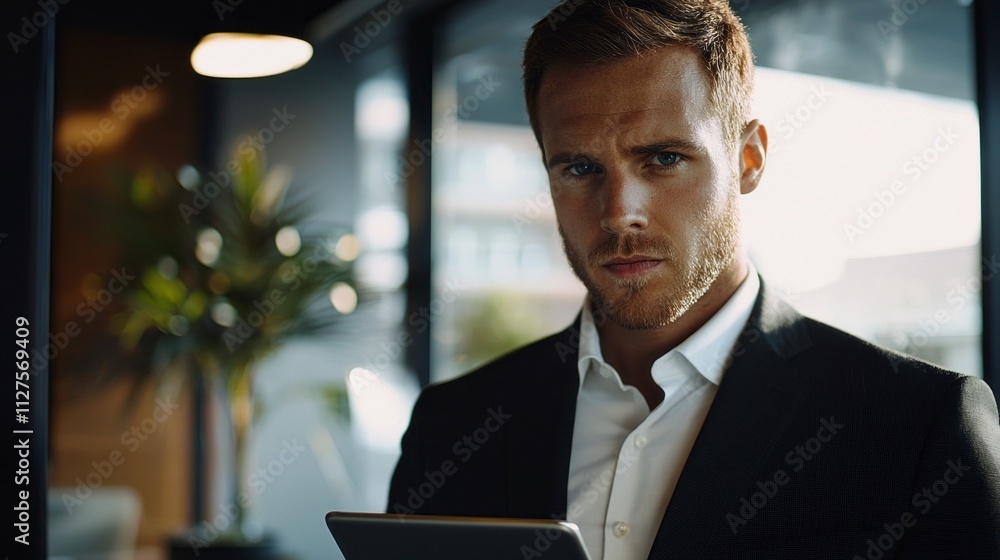 Poster a well-dressed business man studies a tablet with concentration in a stylish office space illuminate
