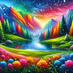 Rainbow landscape with pond flowers and colored trees