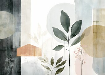 Abstract botanical art with geometric shapes and soft color palette