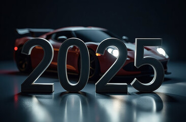 The number 2025 against the background of a sports car, dark background