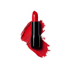 Bold red lipstick with smooth swipe on white background