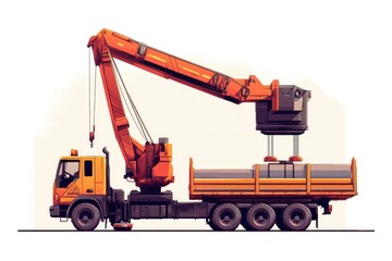 Fototapeta premium Heavy-Duty Crane Truck Hoisting CNC Machinery with Hydraulic Arm in Industrial Setting