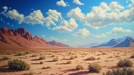 Naklejka premium A vast desert landscape with mountains and a bright blue sky filled with clouds.