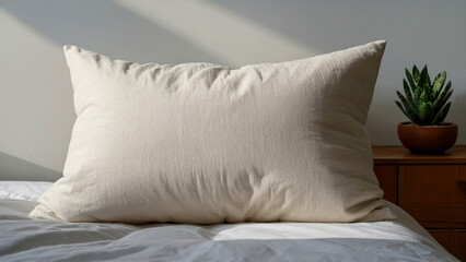 Serene bedroom with white sheets, wooden nightstand, plant decor, sunlight streaming through window.