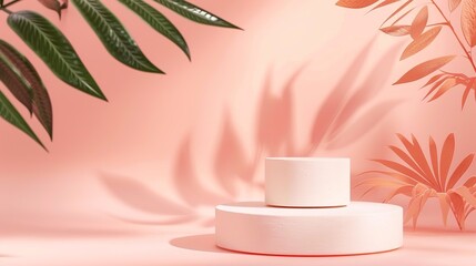 Abstract background of the scene. Cylindrical podium on a coral background with leaves. Product presentation, layout, demonstration of a cosmetic product, podium, stage pedestal or platform