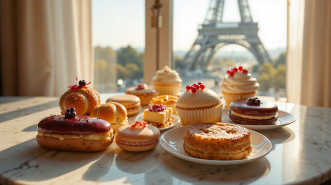 Assorted French pastries with iconic Eiffel Tower view