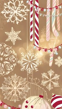 Whimsical Vintage Illustration with Snowflakes, Candy Canes, and Delicate Garlands